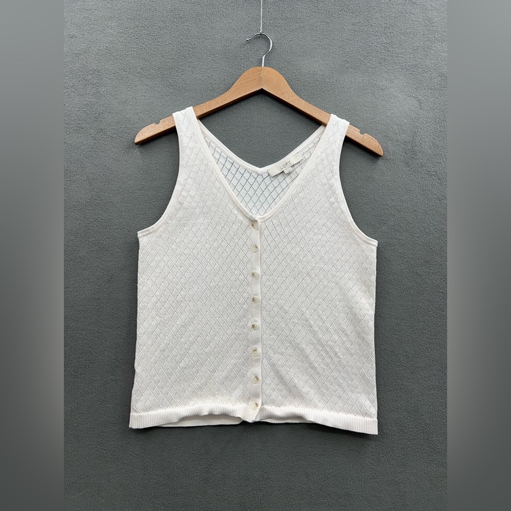 Loft Women’s Size Large Button Front Sweater Tank Diamond Pattern Cream Color